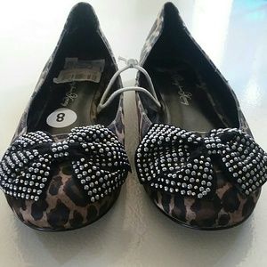 Animal print ballet flats with studded bow at toe